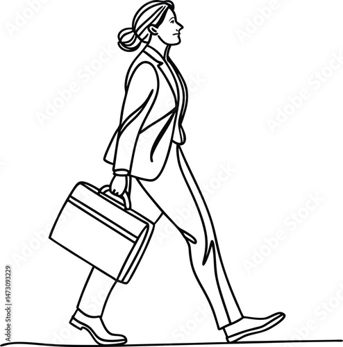 A professional businesswoman walking with a briefcase wearing a blazer and pants in a minimalist black line art style.