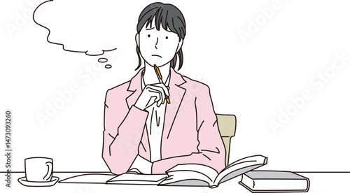 デスクで困り顔の若い女性のシンプルなイラスト素材