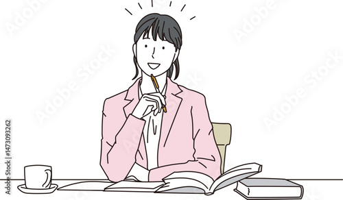 デスクで閃く女性のイラスト