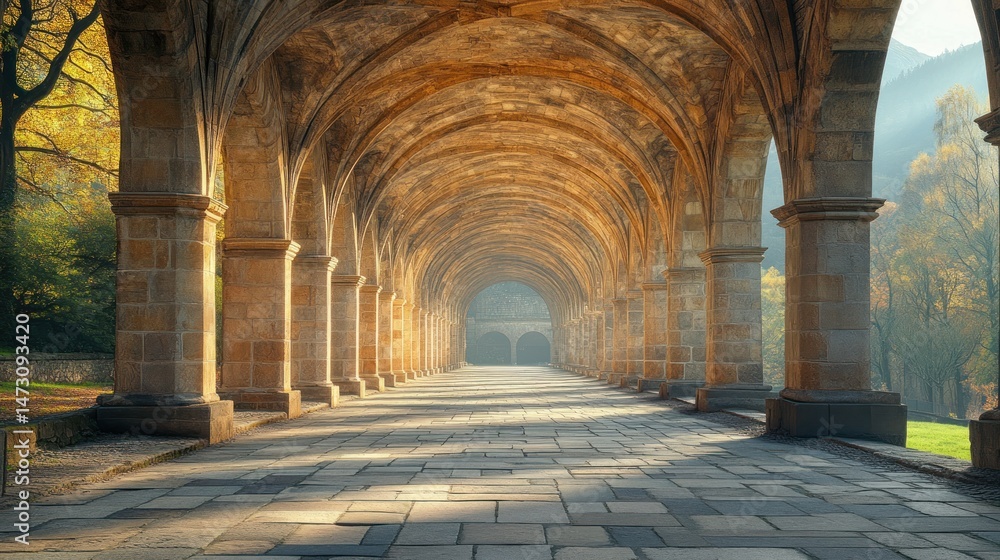 Naklejka premium Ancient arched walkway bathed in golden sunlight.