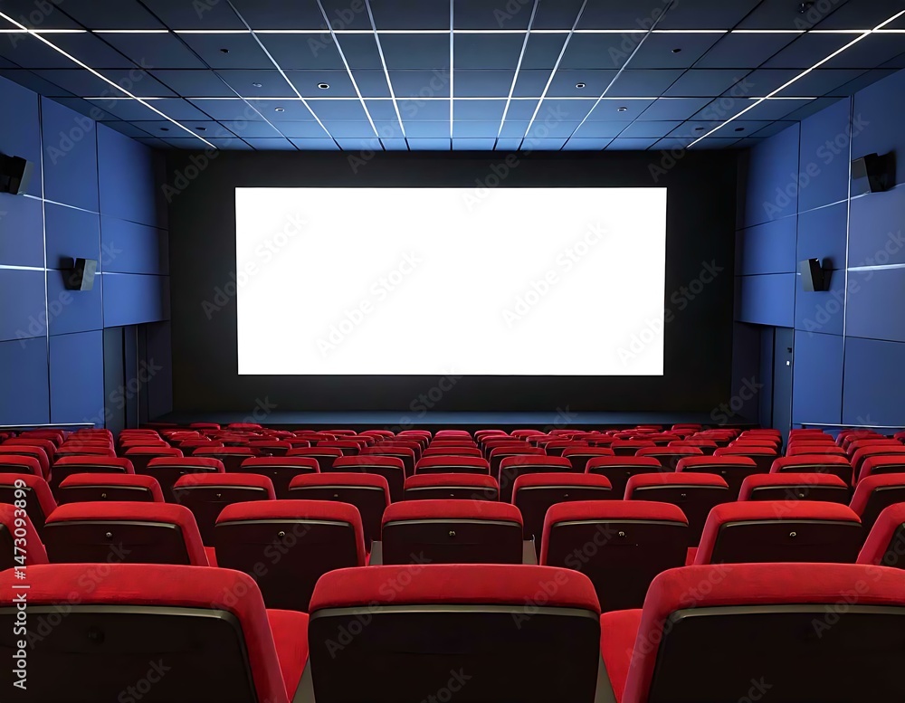 Obraz premium Empty Modern Movie Theater Red Seats, Blank Screen, Dark Interior