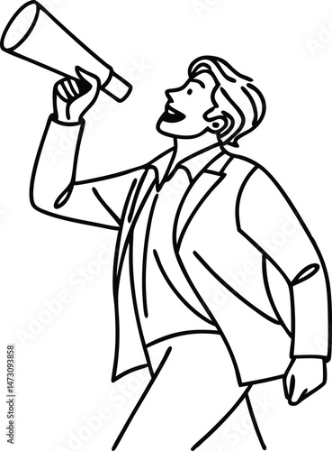 Business professional announcing with a megaphone simple linear illustration of a confident communicator