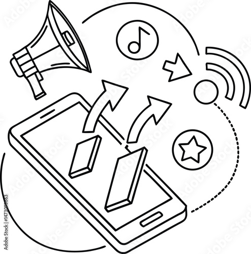 Smartphone screen displaying notifications and social media content being shared with a megaphone for online promotion