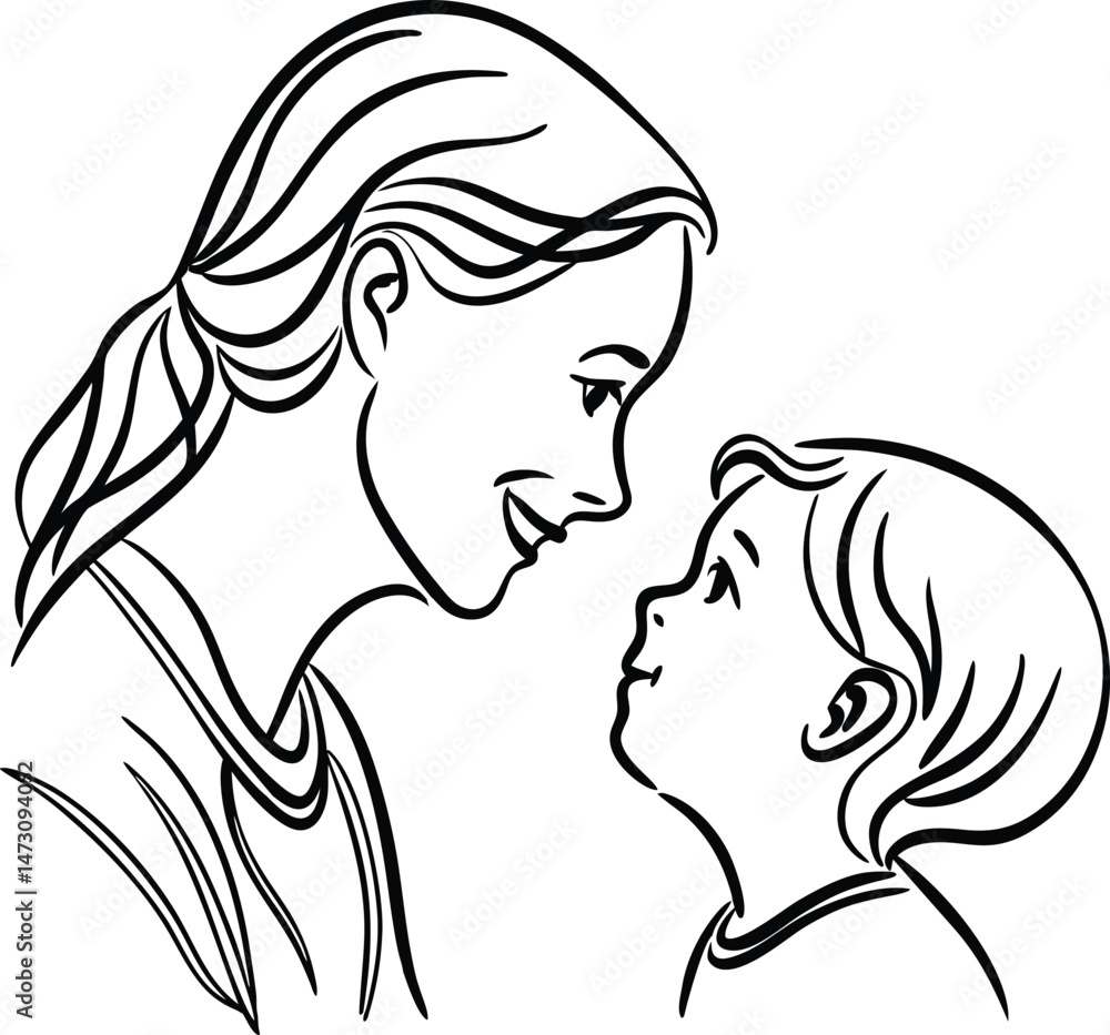 Simple black and white illustration of a mother and child looking at each other with loving smiles from the side Simple black and white illustration of a mother and child looking at each other with loving smiles from the side