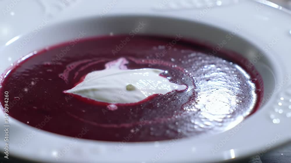 Bowl of Purple Borscht Topped with White Cream Served on White Plate Bowl of Purple Borscht Topped with White Cream Served on White Plate