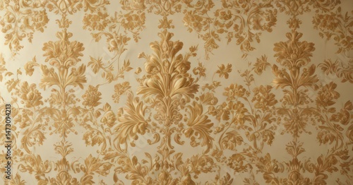 Intricate gold floral damask, opulent cream fabric  Stylish textile design , interior, detail, soft