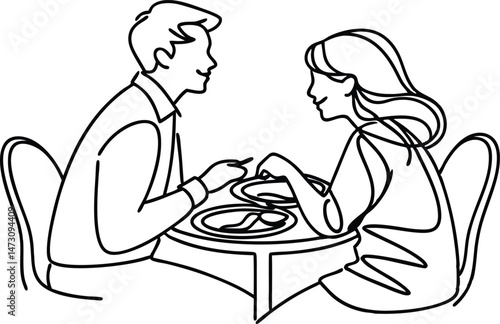 A romantic dinner illustration depicting a couple enjoying food and conversation at a restaurant or cafe setting
