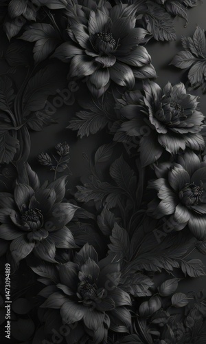 Intricate black charcoal floral wallpaper, elegant & chic design , premium, classy, charcoal