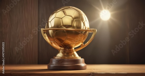 Gleaming golden football trophy basks in sunlight on rich wood , victory, achievement, wood