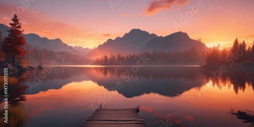 Serene sunset paints the calm lake with fiery hues ,  picturesque,  phenomenal,  evening