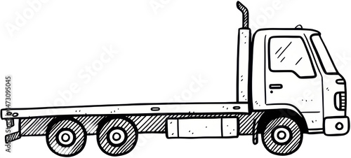 Flatbed truck illustration in linear style with detailed design  