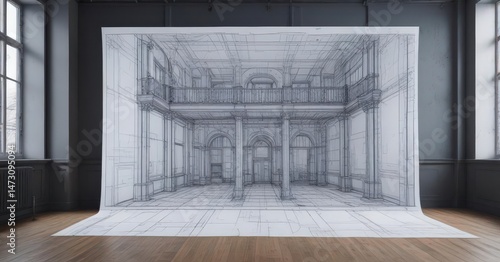 Blueprint effect photo mockup, architectural drawing overlay, effect, technical, background