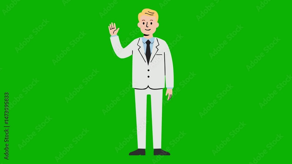 Animated Businessman Waving Hand – Flat Style Character with Light Skin, Blonde Hair, and White Suit on Green Screen Chroma Key for Explainers and Corporate Videos Animated Businessman Waving Hand – Flat Style Character with Light Skin, Blonde Hair, and White Suit on Green Screen Chroma Key for Explainers and Corporate Videos