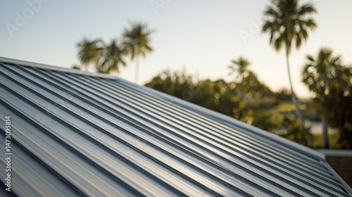 Close-up view of a modern metal roof under a tranquil sky.