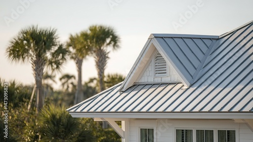 Elevated view of a light gray metal roof on a house.