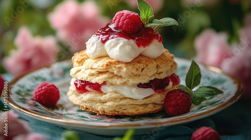 Delicious raspberry shortcake layered with whipped cream and jam.