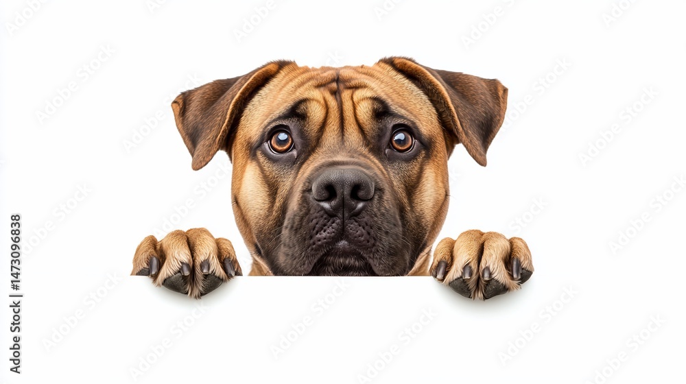 Fototapeta premium Cute brown dog peeking over white background, paws on edge.