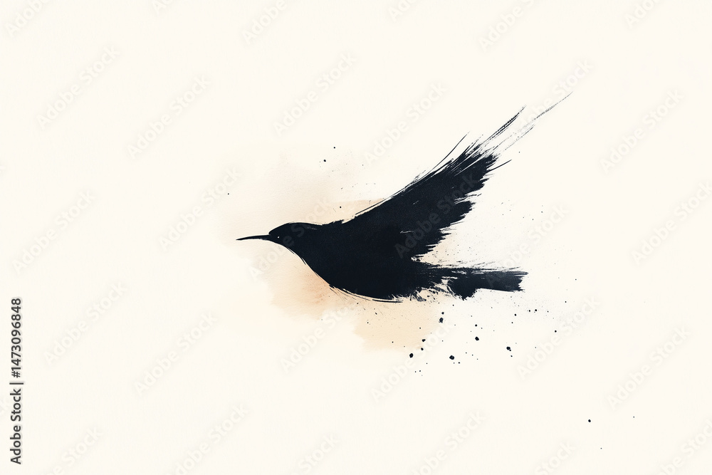 Fototapeta premium Ink drawing or a bird flying, flowing ink, on white paper