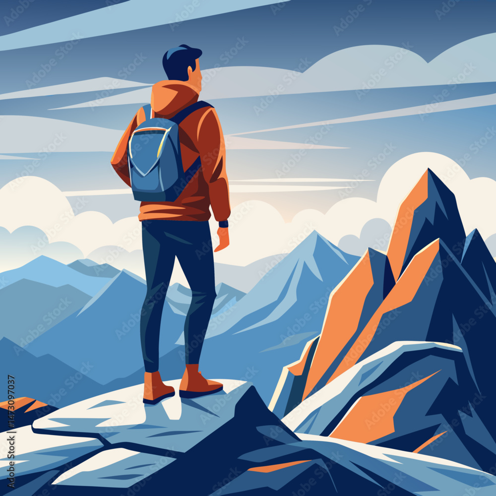 Fototapeta premium Backpacker Reaching the Summit of a Mountain vector Background
