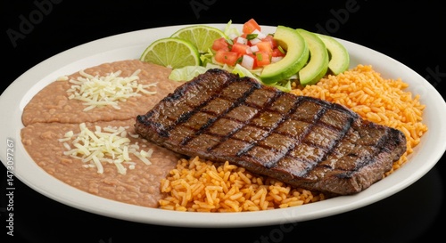 Grilled Steak with Mexican Rice and Beans Plate