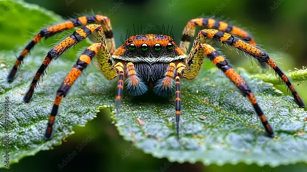 Colorful spider perched on a green leaf, showcasing vibrant patterns with a blurred natural backdrop Colorful spider perched on a green leaf, showcasing vibrant patterns with a blurred natural backdrop
