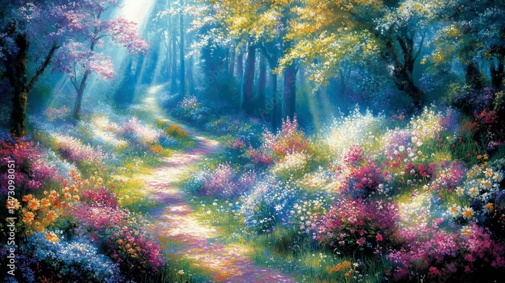 Sunlit path through vibrant, colorful blooming flowers and trees in a magical forest. Sunlit path through vibrant, colorful blooming flowers and trees in a magical forest.