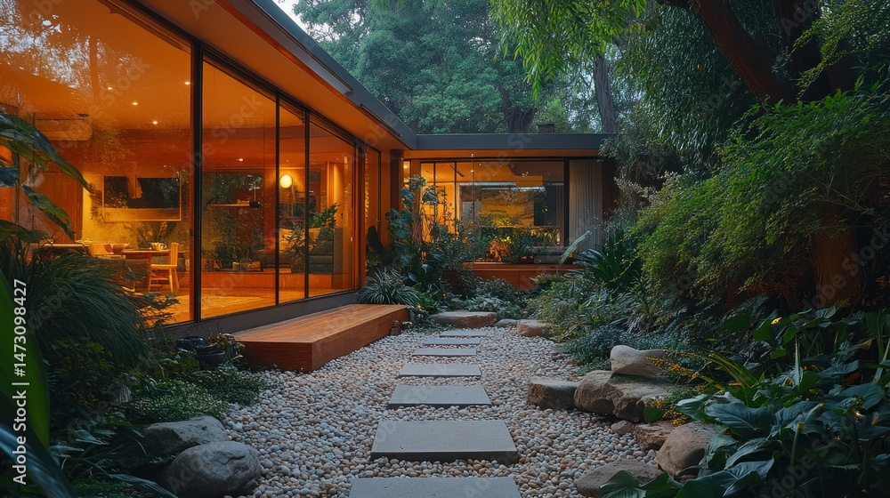 Fototapeta premium Modern home garden pathway with warm lighting. Lush landscaping and glass walls