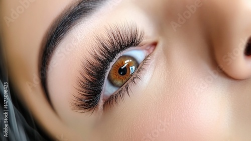 Close-up of a woman's eye with professionally done eyelash extensions and defined eyebrow