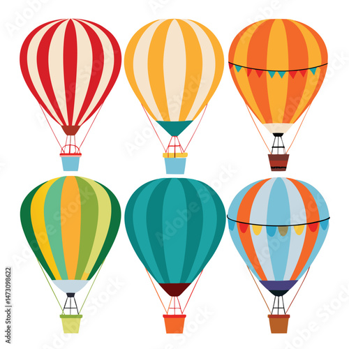 Six classic hot air ballon transport isolated on white background