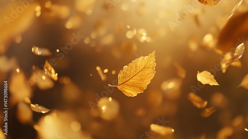 Golden leaves falling in sunlight, autumn season.