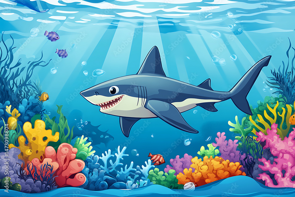 Obraz premium Cartoon shark swimming through a vibrant coral reef with colorful marine life in the background