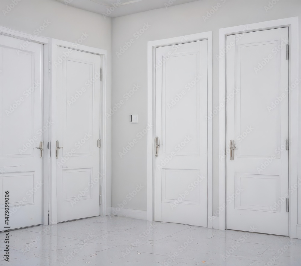 Multiple white doors, various states, bright white setting , home, home decor Multiple white doors, various states, bright white setting , home, home decor