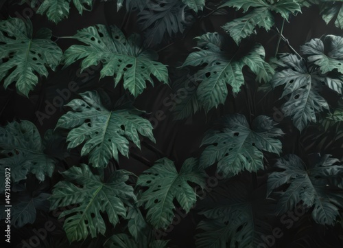 Intricate black & deep green exotic leaf pattern; dramatic shadows , foliage, dark, seamless