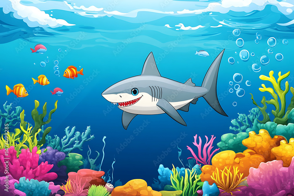 Obraz premium A vibrant underwater scene featuring a cartoon shark swimming among colorful coral reefs and fish