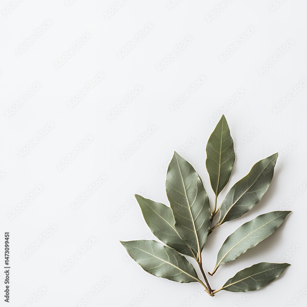 Obraz premium Elegant bay leaves arranged on a minimalistic white background.