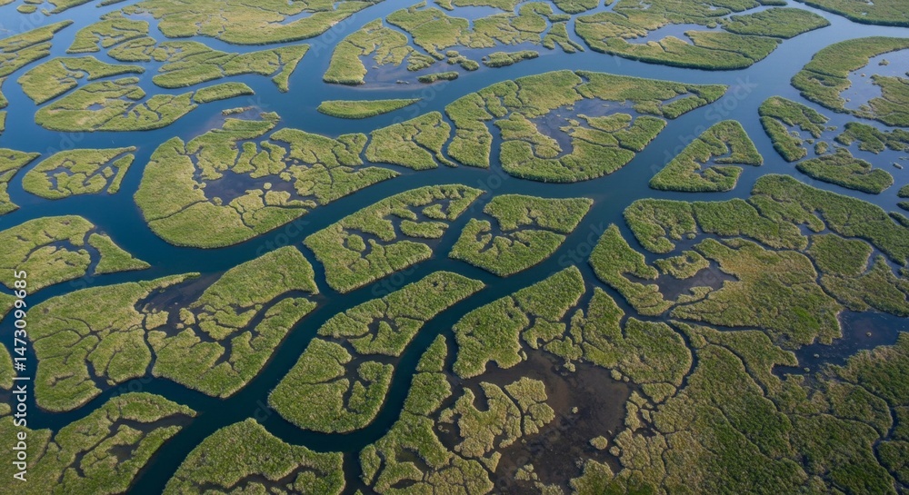 Obraz premium Aerial View of a Lush Green Marsh with Interconnected Waterways