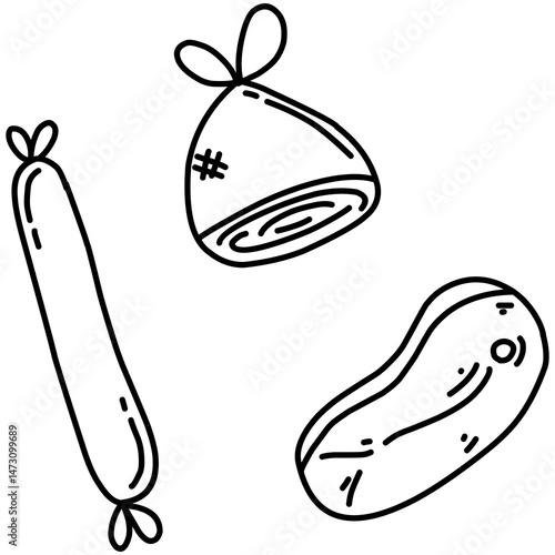 Variety of meat  cartoon doodle background. Sausages, bratwurst, Chunk of meat steak. Chicken meat. Tied Baloney. Various meat product for wallpaper and wrappers decoration. 