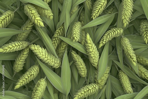 Aerial view of a lush green wheat field, with vibrant shades of green and golden wheat stalks visible.