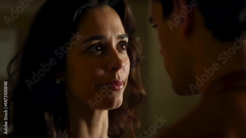 Romantic moment shared between two characters showcasing emotional connection and intimacy in a dimly lit setting
