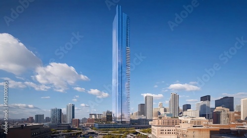 Tall skyscraper in a city skyline under a clear blue sky with puffy clouds.