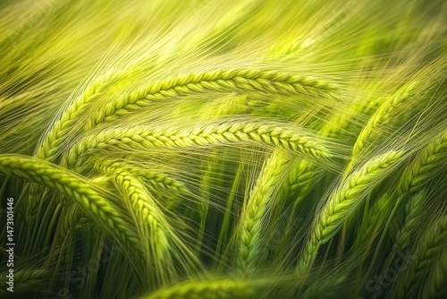 Aerial view of a lush green wheat field with intricate patterns, portraying a serene and picturesque agricultural landscape.