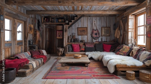 Rustic mountain cabin living room interior design.