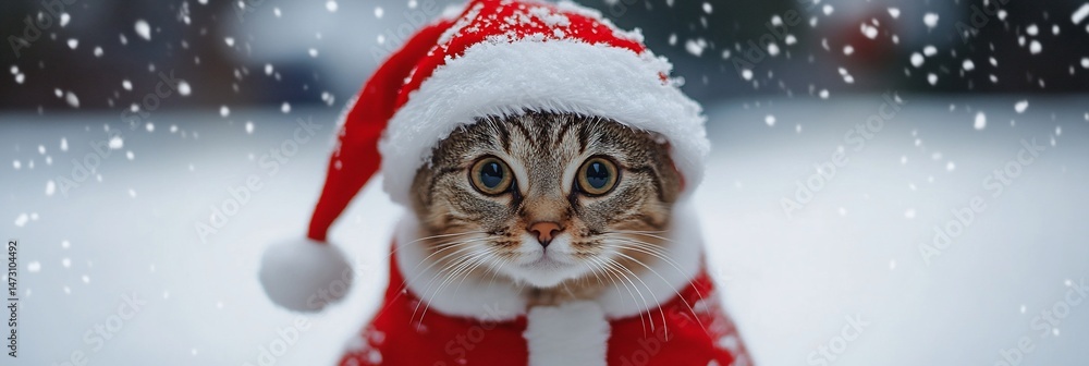 Cute tabby cat wearing a Santa hat and coat in snowy weather. Cute tabby cat wearing a Santa hat and coat in snowy weather.