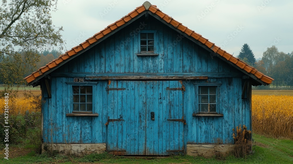 Rustic blue wooden shed with terracotta roof in a golden field. Rustic blue wooden shed with terracotta roof in a golden field.