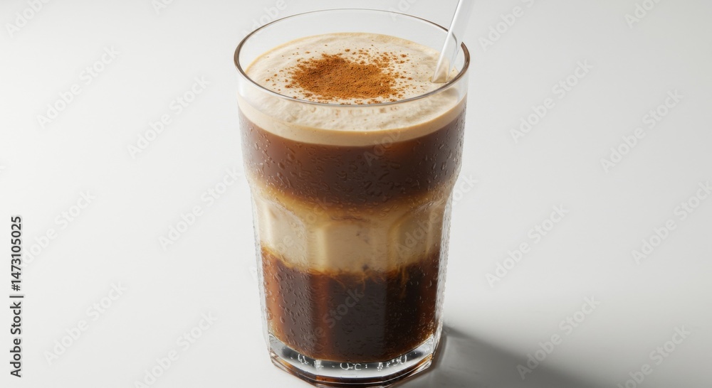 Layered Iced Coffee Drink with Cinnamon in Tall Glass Layered Iced Coffee Drink with Cinnamon in Tall Glass