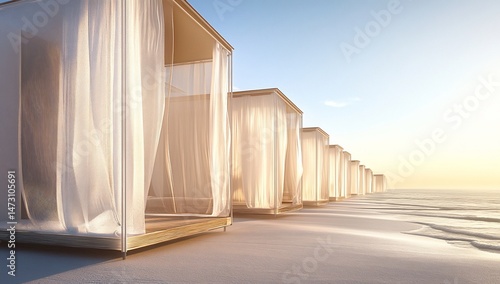 Modern beach cabanas with sheer curtains at sunset.