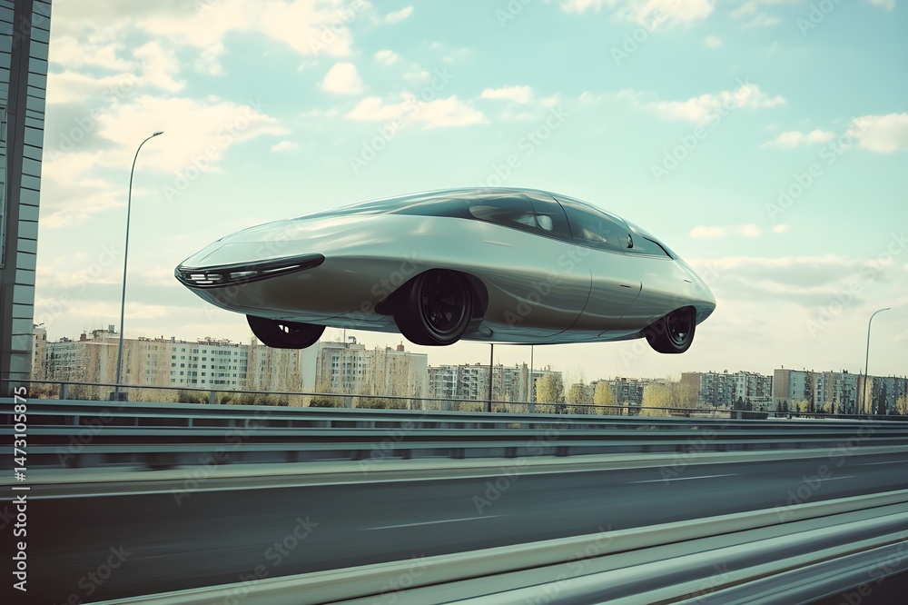 Futuristic retro car without wheels, flying over the streets and highways, very cool atmosphere and retro feeling Futuristic retro car without wheels, flying over the streets and highways, very cool atmosphere and retro feeling