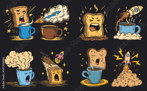Playful Doodle of Coffee, Toast, and Whimsical Expressions