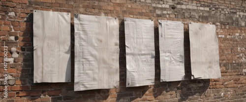 Close-up of multiple glued paper posters on a weathered urban wall, different sizes and angles ,  mockup,  grunge,  advertisement