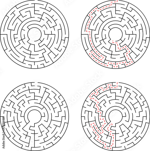 Complex circular mazes with solutions displayed demonstrating paths to success in problem solving and navigation concepts